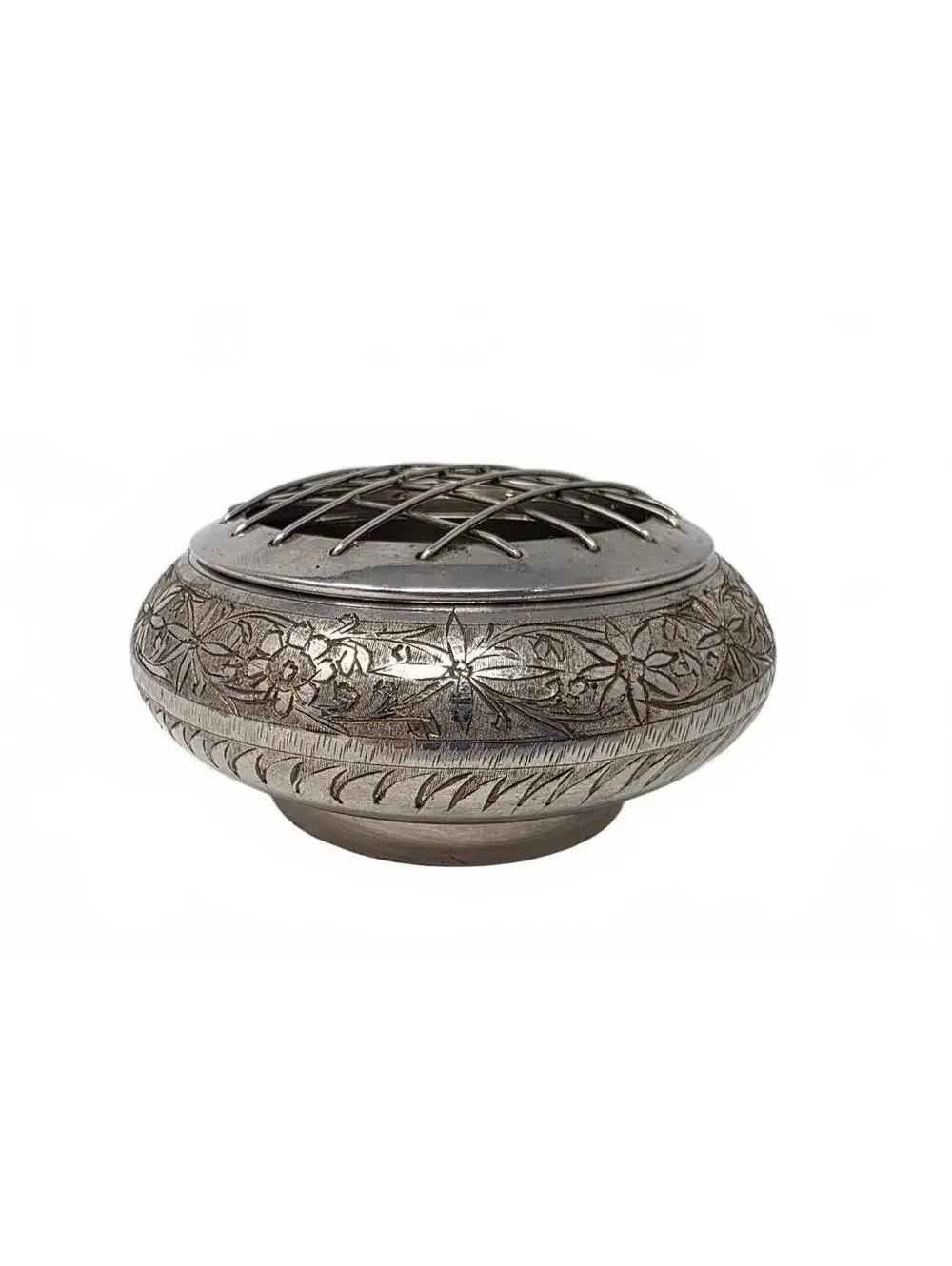 Vintage Aftab India Silverplate Flower Frog Bowl Engraved Floral Arranger